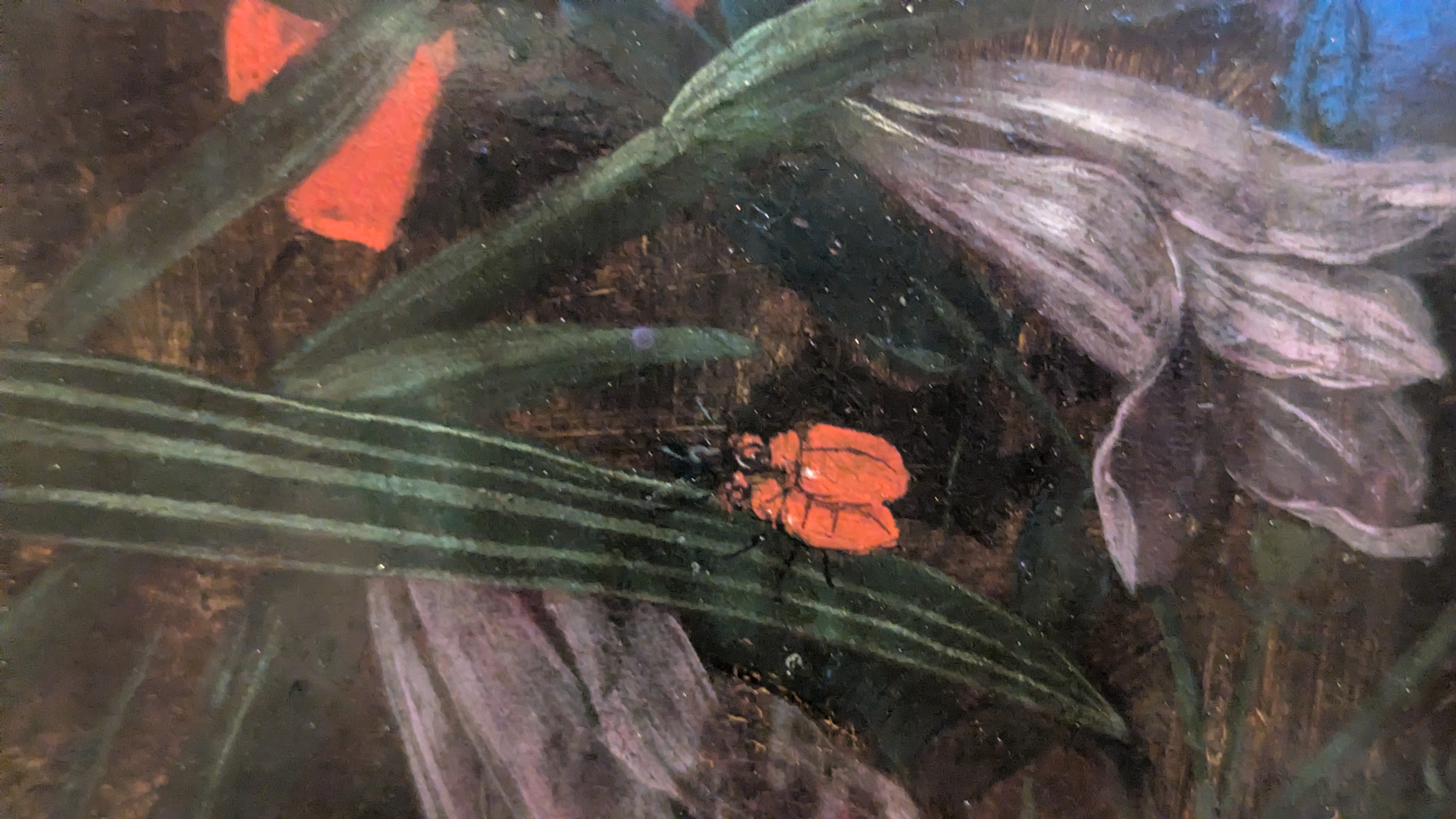 Schon die Barock-GärtnerInnen mussten sich mit Lilienhähnchen herumschlagen. Zu sehen auf "Vase mit Blumenstrauss" von Peter Binoit im Hessischen Landesmuseum Darmstadt. 